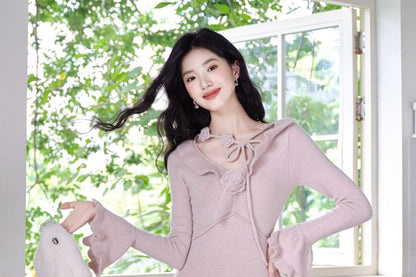 Long-Sleeve V-Neck Plain Knit Maxi A-Line Dress