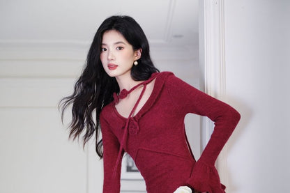 Long-Sleeve V-Neck Plain Knit Maxi A-Line Dress