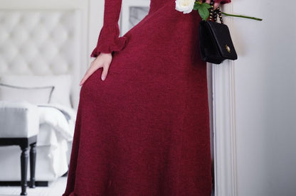 Long-Sleeve V-Neck Plain Knit Maxi A-Line Dress