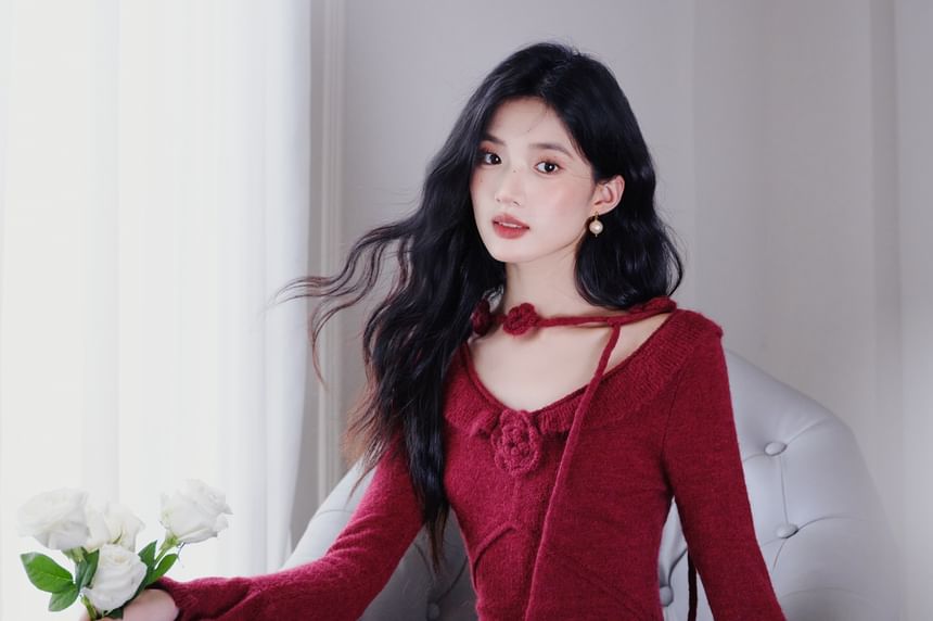 Long-Sleeve V-Neck Plain Knit Maxi A-Line Dress