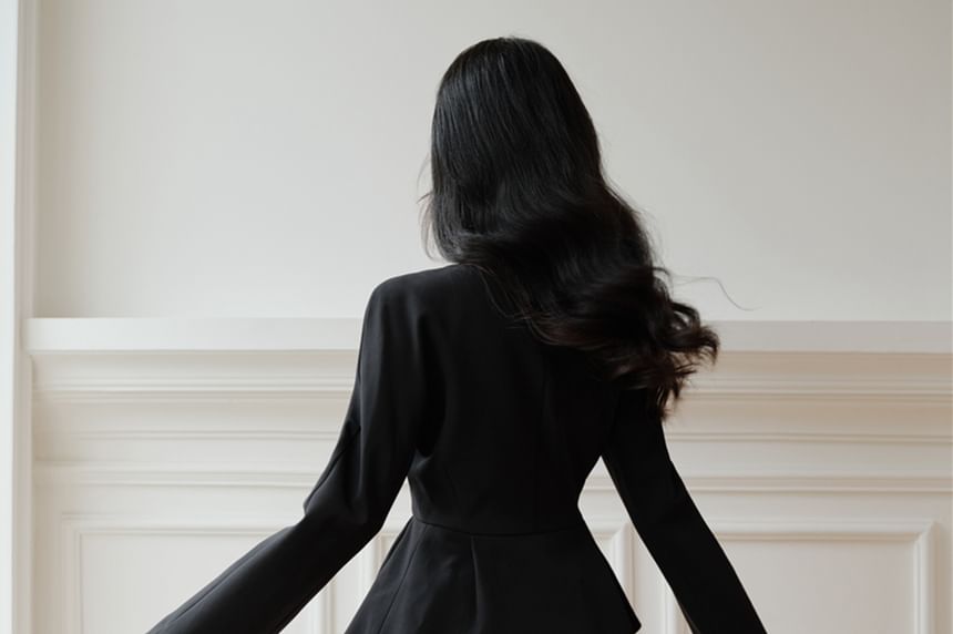 Round Neck Plain Peplum Double Breasted Jacket / High Rise Dotted Maxi A-Line Skirt / Set