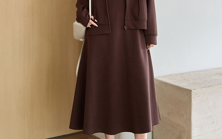 Set: Plain Drawstring Zip Hoodie + Sleeveless Scoop Neck Midi A-Line Dress