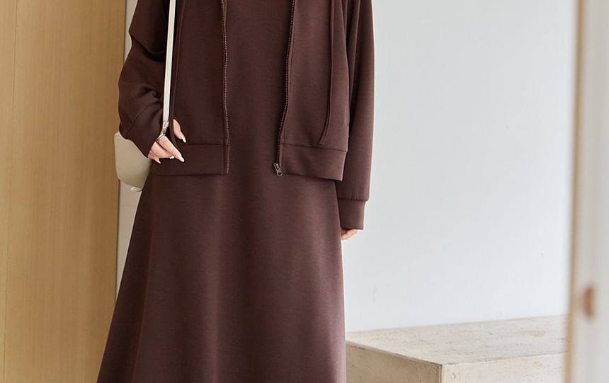 Set: Plain Drawstring Zip Hoodie + Sleeveless Scoop Neck Midi A-Line Dress