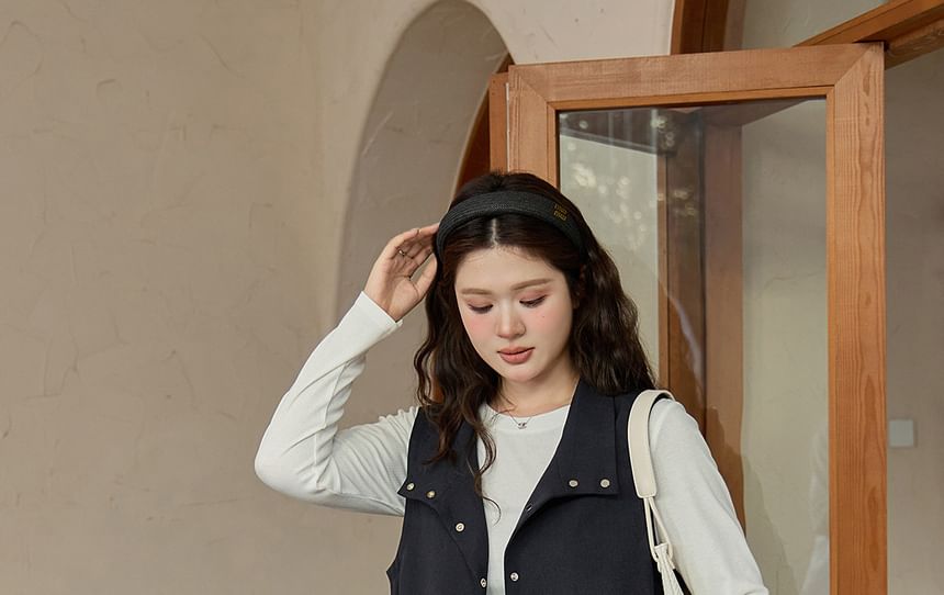 Set: Stand Collar Plain Button Vest + Drawstring Waist Midi A-Line Skirt