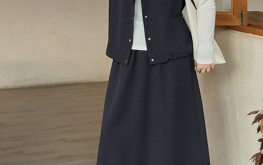 Set: Stand Collar Plain Button Vest + Drawstring Waist Midi A-Line Skirt