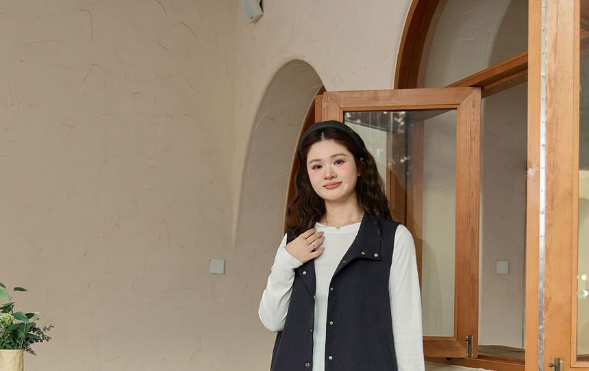 Set: Stand Collar Plain Button Vest + Drawstring Waist Midi A-Line Skirt