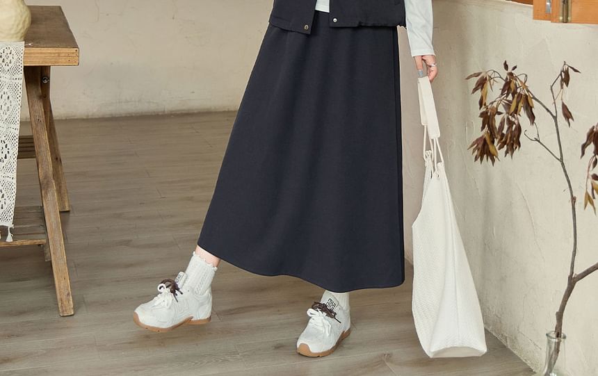 Set: Stand Collar Plain Button Vest + Drawstring Waist Midi A-Line Skirt