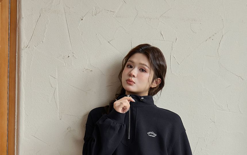 Set: Mock Two-Piece Mock Neck Lettering Half-Zip Pullover + Drawstring Waist Midi H-Line Skirt