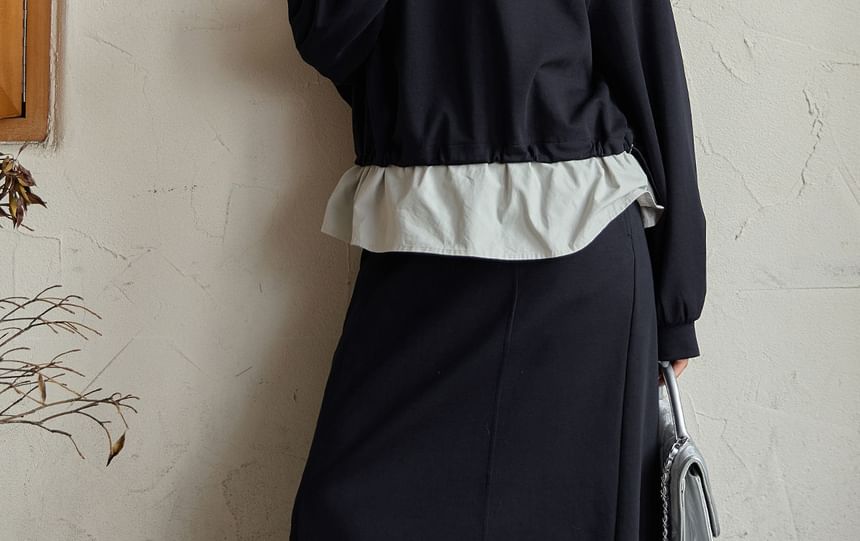 Set: Mock Two-Piece Mock Neck Lettering Half-Zip Pullover + Drawstring Waist Midi H-Line Skirt