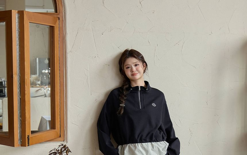 Set: Mock Two-Piece Mock Neck Lettering Half-Zip Pullover + Drawstring Waist Midi H-Line Skirt