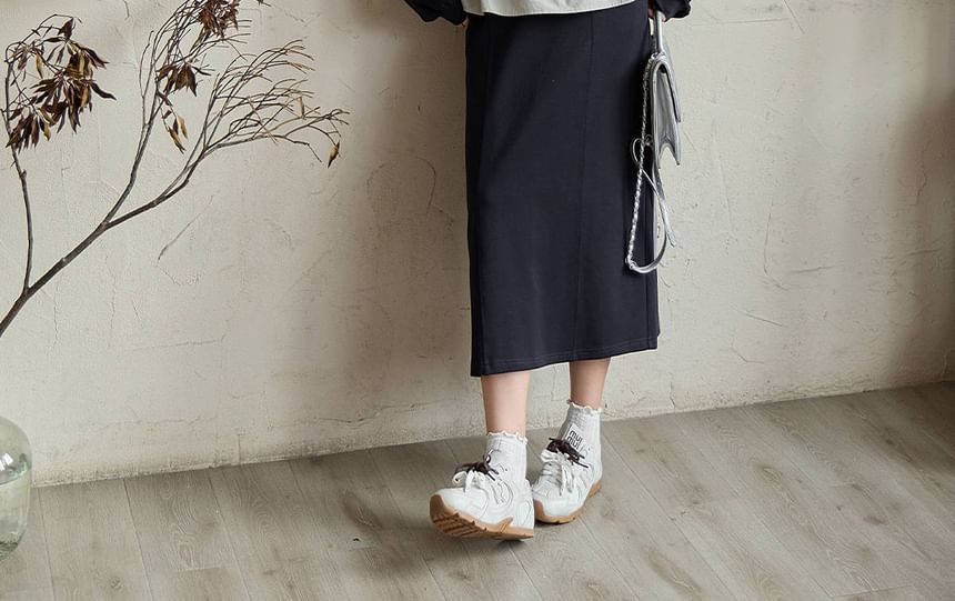 Set: Mock Two-Piece Mock Neck Lettering Half-Zip Pullover + Drawstring Waist Midi H-Line Skirt
