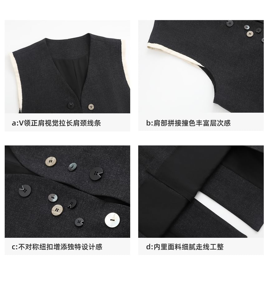 V-Neck Color Block Button Vest