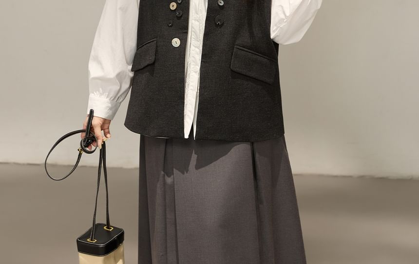 V-Neck Color Block Button Vest