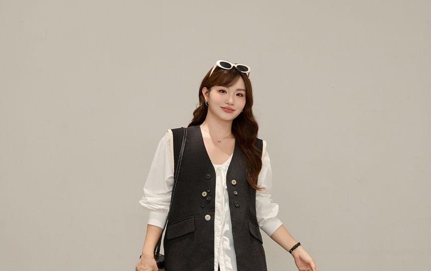 V-Neck Color Block Button Vest