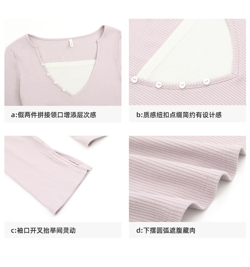 Mock Two-Piece Long-Sleeve Square Neck Henley Ribbed Knit Top