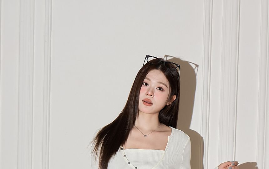 Mock Two-Piece Long-Sleeve Square Neck Henley Ribbed Knit Top