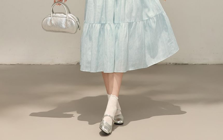 Long Sleeve V-Neck Plain Ruffle Tiered Midi A-Line Dress / V-Neck Plain Button Vest / Set