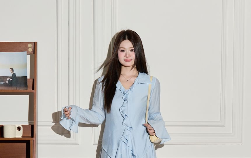 Set: Long Sleeve V-Neck Plain Ruffle Blouse + High Rise Asymmetrical Midi A-Line Skirt