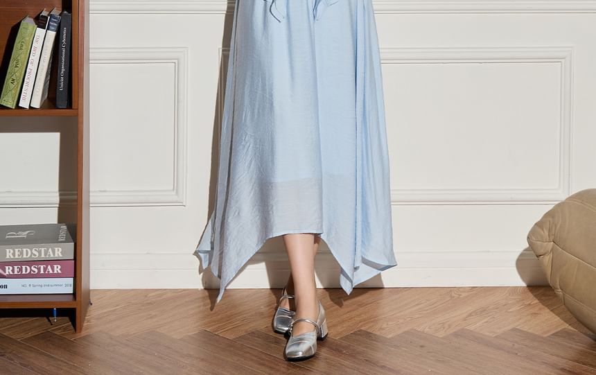 Set: Long Sleeve V-Neck Plain Ruffle Blouse + High Rise Asymmetrical Midi A-Line Skirt