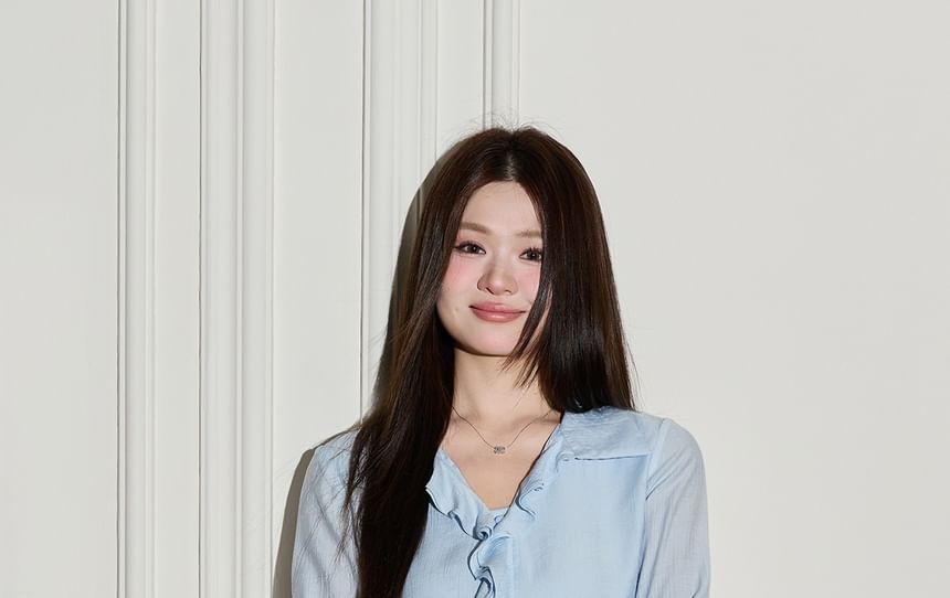 Set: Long Sleeve V-Neck Plain Ruffle Blouse + High Rise Asymmetrical Midi A-Line Skirt