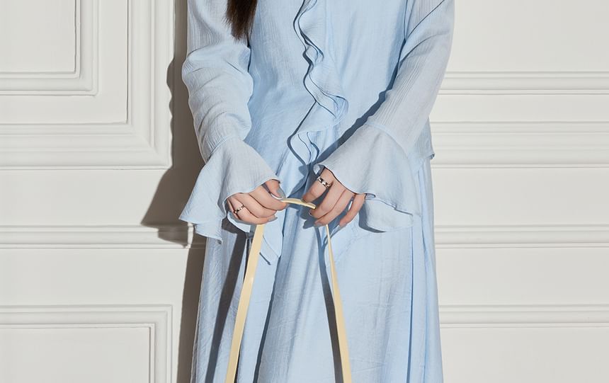 Set: Long Sleeve V-Neck Plain Ruffle Blouse + High Rise Asymmetrical Midi A-Line Skirt