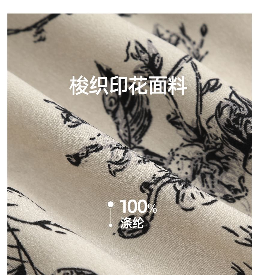 Long Sleeve Tie Neck Floral Print Midi A-Line Dress / Round Neck Unwashed Button Denim Jacket