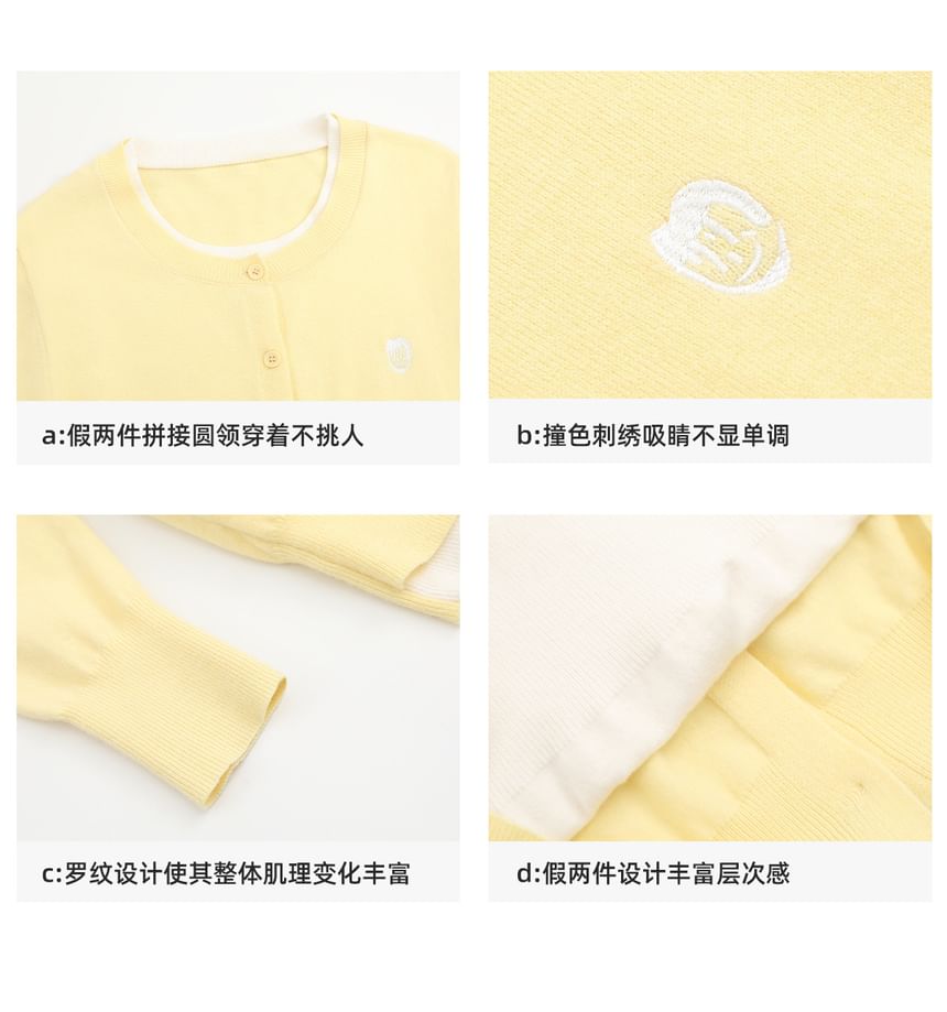 Long Sleeve Crew Neck Mock Two Piece Button Knit Top