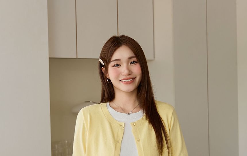 Long Sleeve Crew Neck Mock Two Piece Button Knit Top