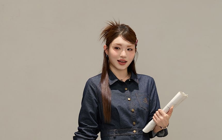 Long Sleeve Collared Embroidered Midi A-Line Denim Shirt Dress