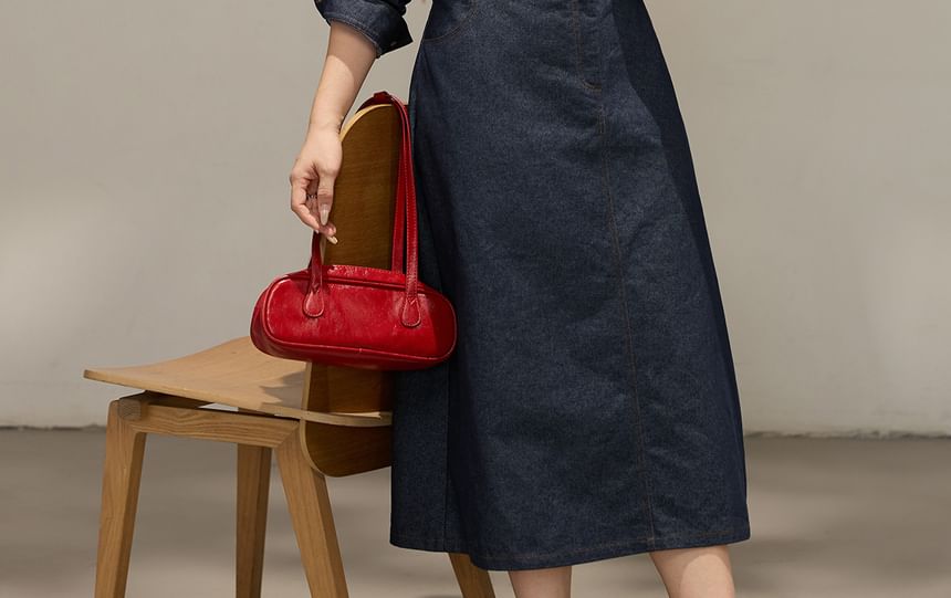 Long Sleeve Collared Embroidered Midi A-Line Denim Shirt Dress