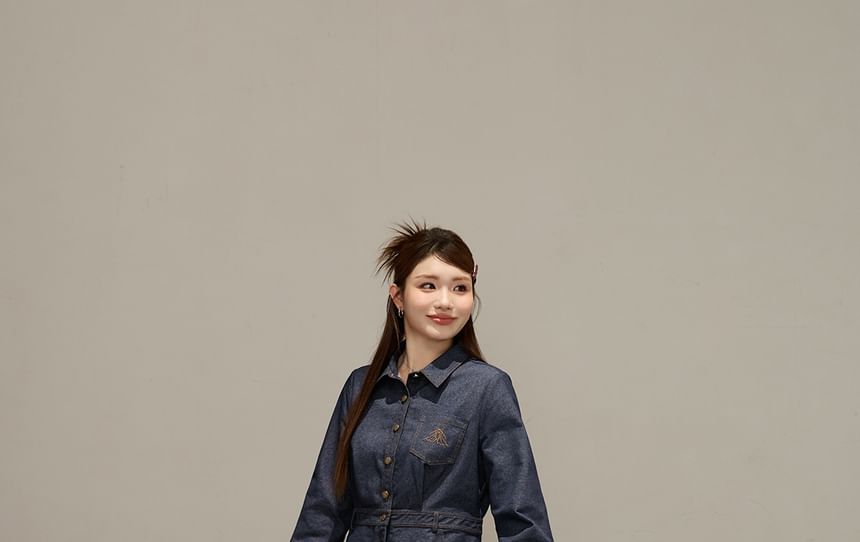 Long Sleeve Collared Embroidered Midi A-Line Denim Shirt Dress