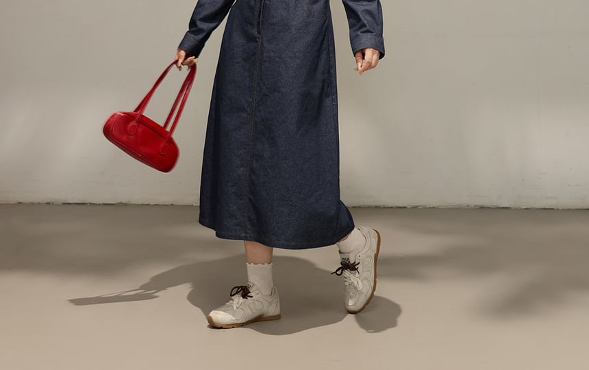 Long Sleeve Collared Embroidered Midi A-Line Denim Shirt Dress