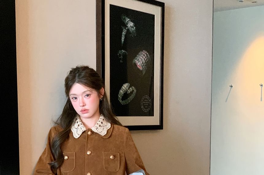 Lace Collar Velvet Button-Up Jacket