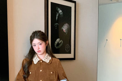 Lace Collar Velvet Button-Up Jacket
