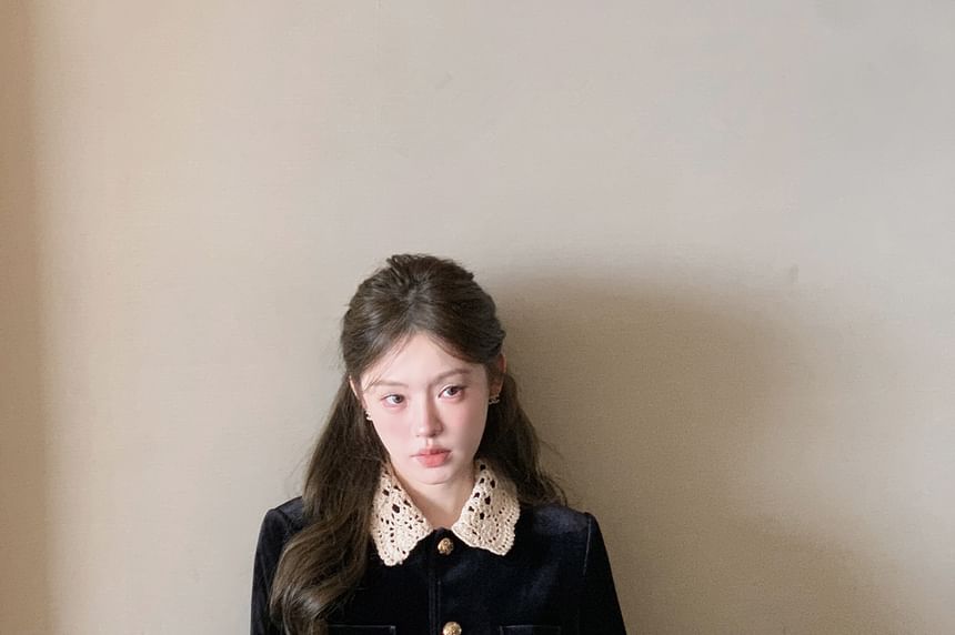 Lace Collar Velvet Button-Up Jacket