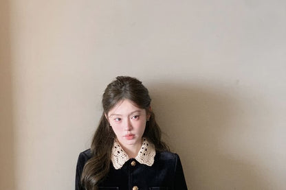 Lace Collar Velvet Button-Up Jacket