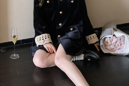 Lace Collar Velvet Button-Up Jacket