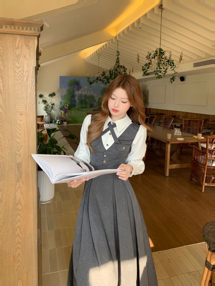 One buttoned Plain Crop Blazer / Long-Sleeve Two Tone Midi A-Line Dress / Set