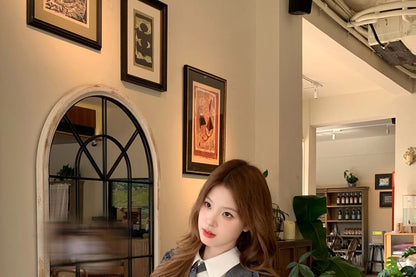 One buttoned Plain Crop Blazer / Long-Sleeve Two Tone Midi A-Line Dress / Set