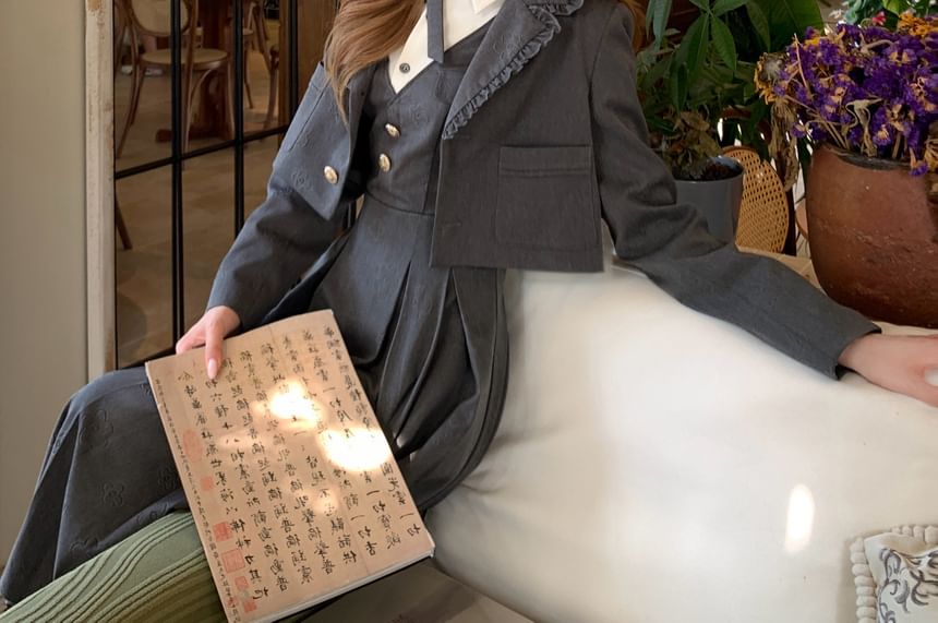 One buttoned Plain Crop Blazer / Long-Sleeve Two Tone Midi A-Line Dress / Set