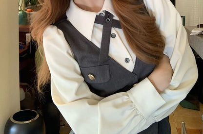 One buttoned Plain Crop Blazer / Long-Sleeve Two Tone Midi A-Line Dress / Set