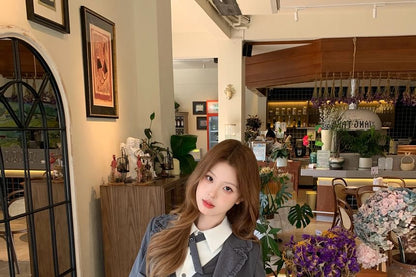 One buttoned Plain Crop Blazer / Long-Sleeve Two Tone Midi A-Line Dress / Set