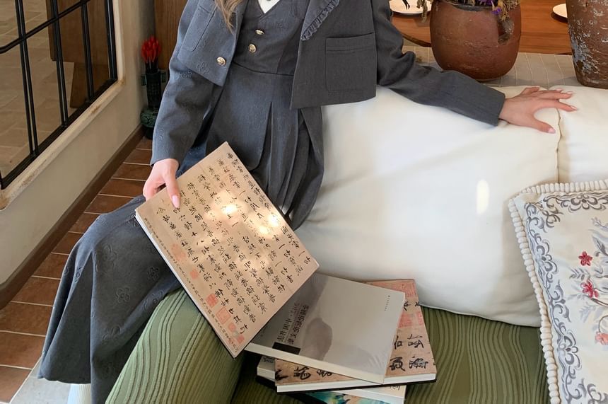 One buttoned Plain Crop Blazer / Long-Sleeve Two Tone Midi A-Line Dress / Set