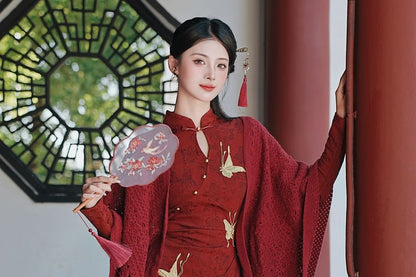 Long-Sleeve Crane Jacquard Maxi A-Line Dress / Shawl / Set