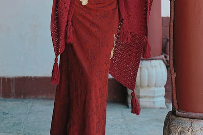 Long-Sleeve Crane Jacquard Maxi A-Line Dress / Shawl / Set