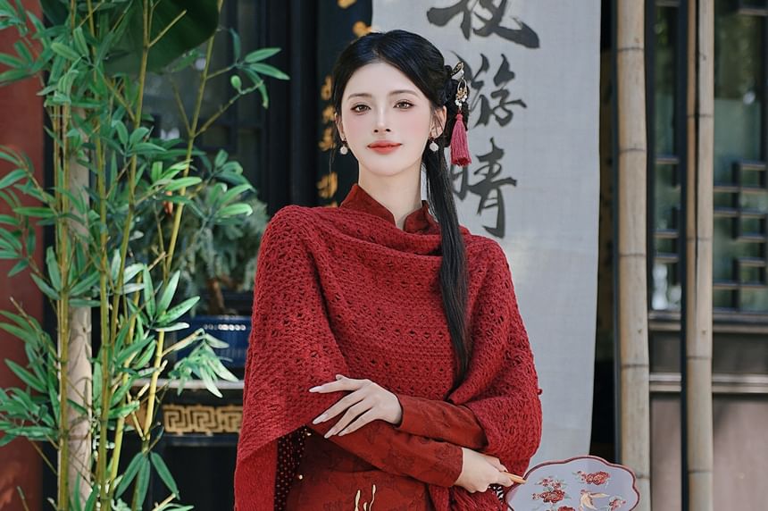 Long-Sleeve Crane Jacquard Maxi A-Line Dress / Shawl / Set