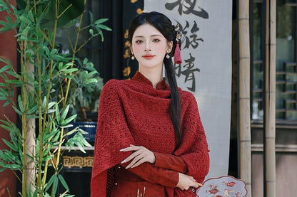 Long-Sleeve Crane Jacquard Maxi A-Line Dress / Shawl / Set