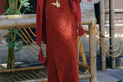 Long-Sleeve Crane Jacquard Maxi A-Line Dress / Shawl / Set