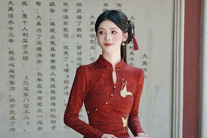 Long-Sleeve Crane Jacquard Maxi A-Line Dress / Shawl / Set