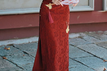 Long-Sleeve Crane Jacquard Maxi A-Line Dress / Shawl / Set